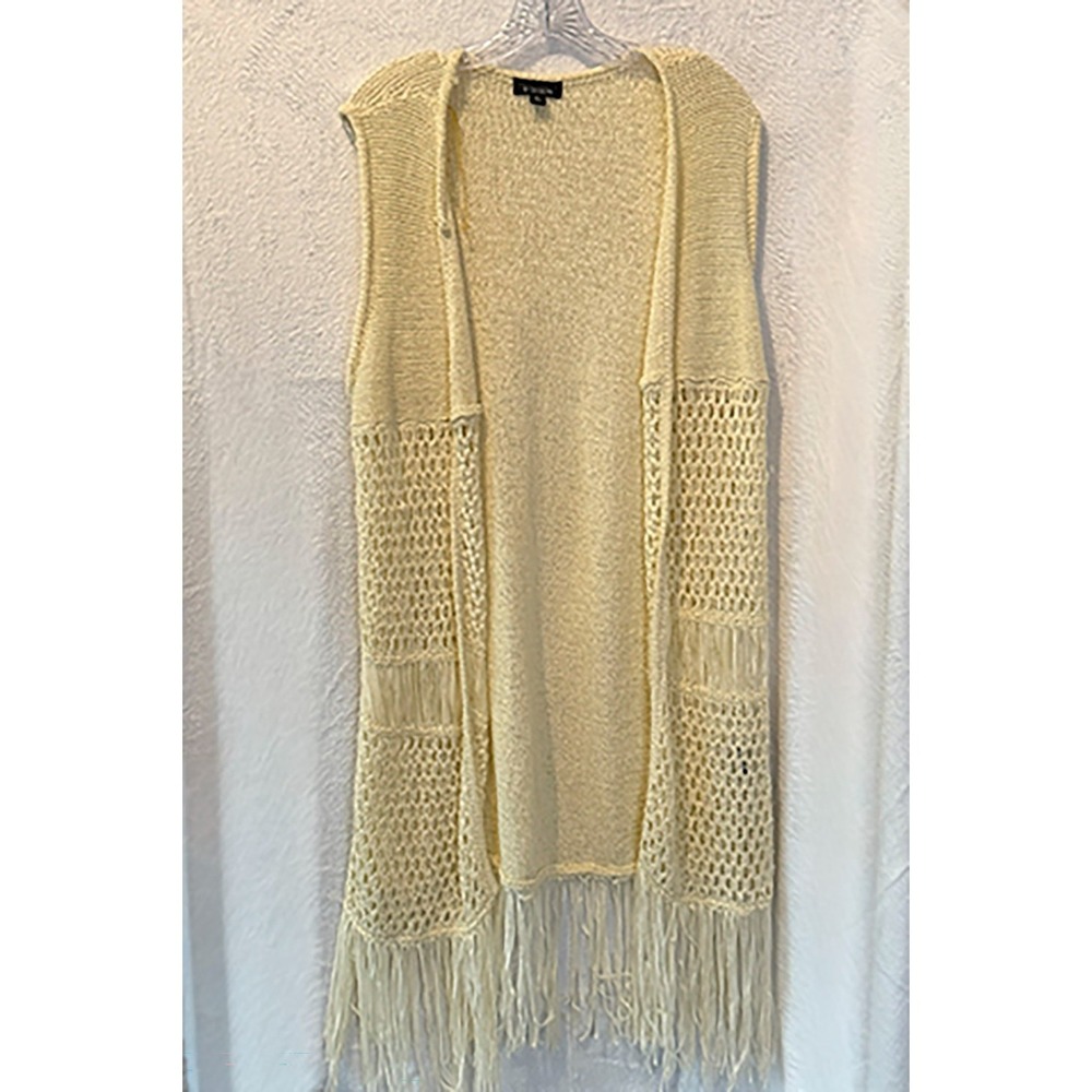 B‎ Design Cream Knit Fringe Vest XL Lagenlook Boho Open Front Layered Top